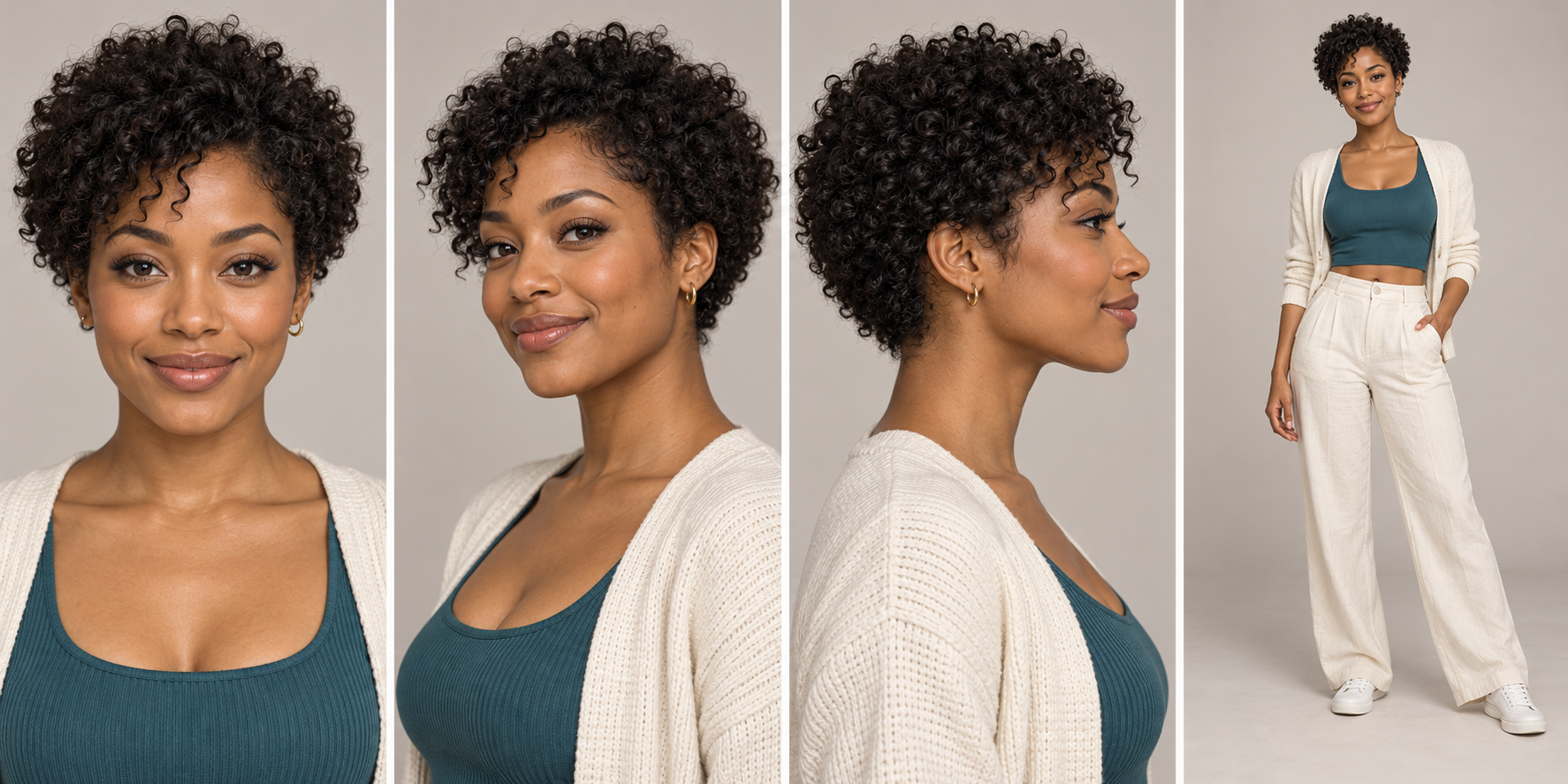 Four-view visual reference sheet for Nia, a fictional virtual creator